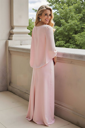 A-Line Candy Pink Round Neck 3/4 Sleeves Long Mother of the Bride Dress